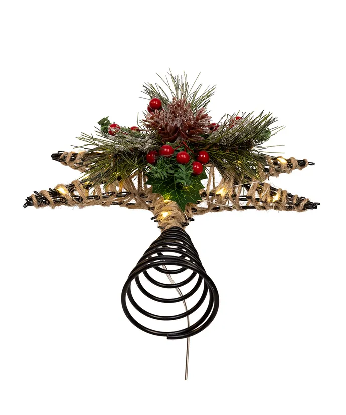 13.5" 6PT RATTAN STAR TREETOP W/HOLLY BERRIE