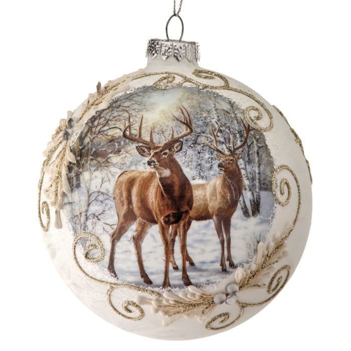 5" GLASS DEER W/HOLLY SCROLL BALL ORNAMENT 