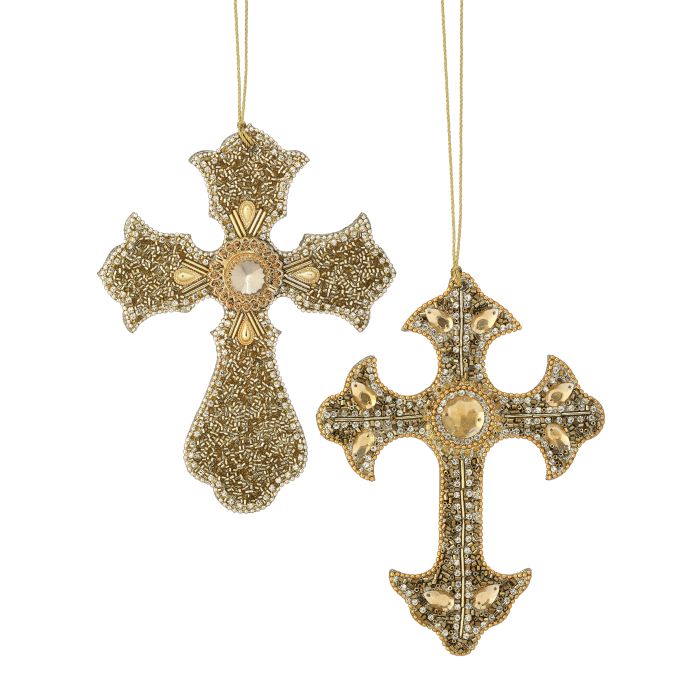 7.5" JEWELED W/BEAD CROSS ORNAMENT 2/AST