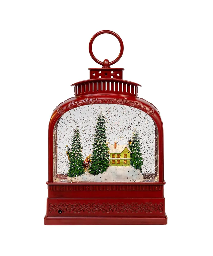 8.5" BATTERY OPERATED USB LED LIGHTED SANTA ON SLEIGH LANTERN WITH SPINNING GLITTER WATER