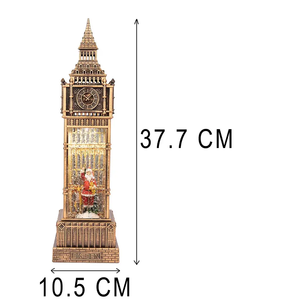 15´´H B/O LIGHTED SPINNING WATER GLOBE CLOCK TOWER HOLIDAY FIGURINE