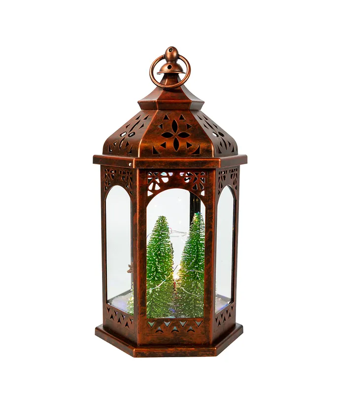 13"BRONZE LANTERN W/LIGHTED TREESANTA DECORATION. 