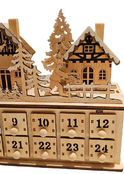 17.7"L B/O LIGHTED LASER CUT WOOD HOLIDAY VILLAGE SCENE ADVENT CALENDAR