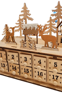 17.7"L B/O LIGHTED LASER CUT WOOD HOLIDAY VILLAGE SCENE ADVENT CALENDAR