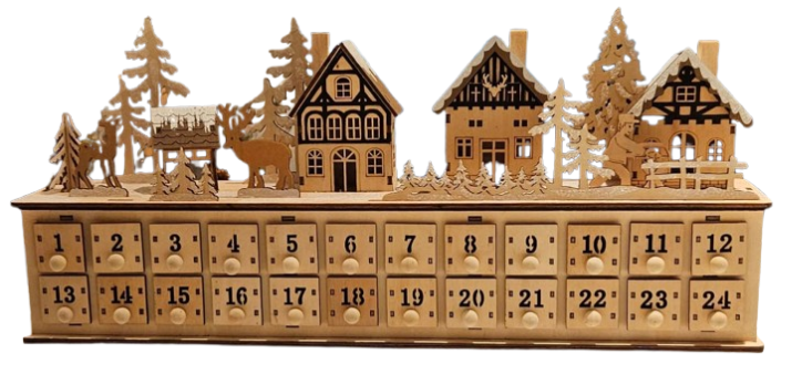 17.7"L B/O LIGHTED LASER CUT WOOD HOLIDAY VILLAGE SCENE ADVENT CALENDAR