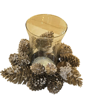 12" ICED PINECONE CANDLE RINGW/HURRICANE