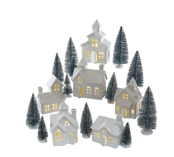 3-7.7"BATTERY OPERATED LIGHTED PORCELAIN TREES HOUSE & CANDLES 24PC