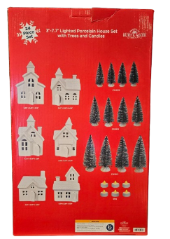 3-7.7"BATTERY OPERATED LIGHTED PORCELAIN TREES HOUSE & CANDLES 24PC