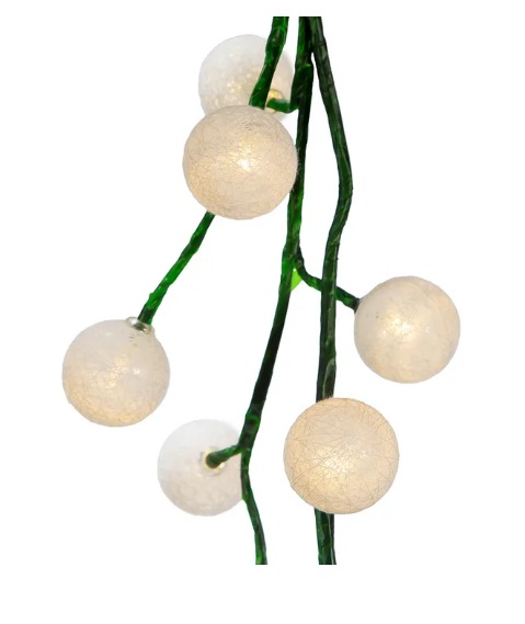 6´ 48-LIGHT WHITE COTTON BALLS WITH WARM WHITE LED LIGHTS GREEN VINE GARLAND 