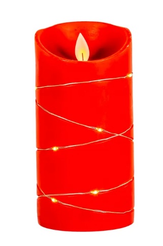 6" BATTERY OPERATED FLICKER FLAME RED CANDLE WITH FAIRY LIGHTS