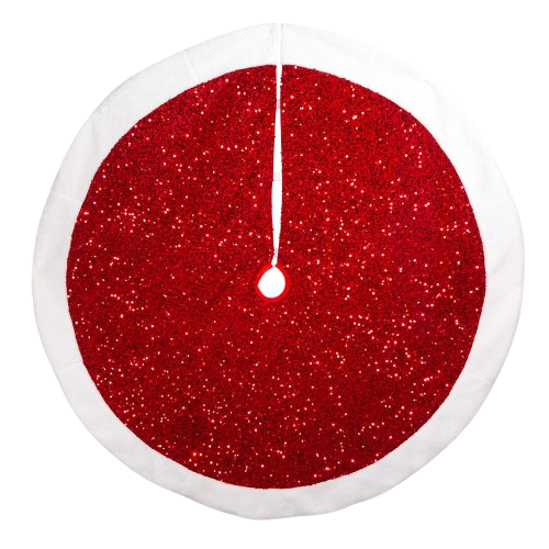 54"RED SEQUINS TREESKIRT W/WHITE FAUX FUR BORDER.