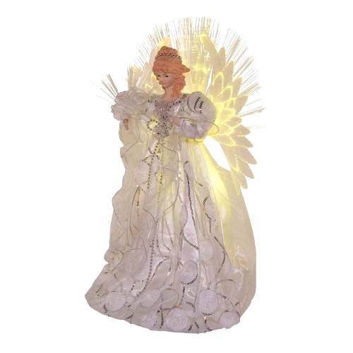 18"WHITE AND SILVER FIBER-OPTIC LED ANGEL TREETOP