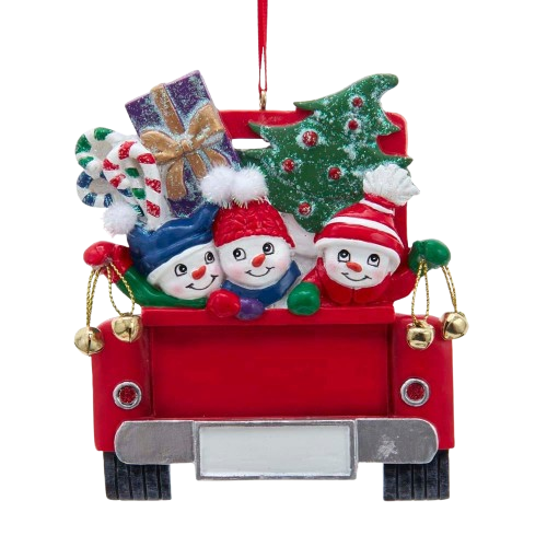 SNOWMAN FAMILY OF 3 ON TRUCK ORNAMENT FOR PERN