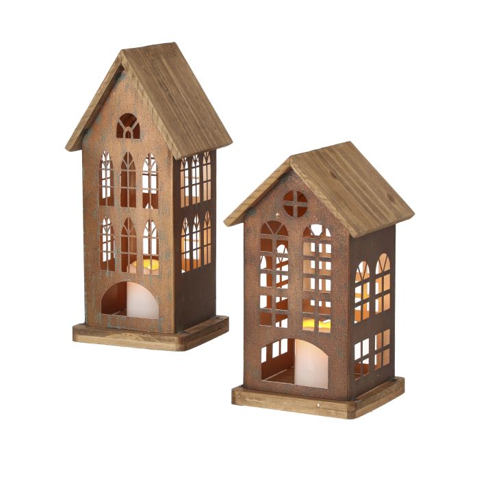 11-13" METAL/WOOD HOUSE CANDLE HOLDER INDIVIDUAL