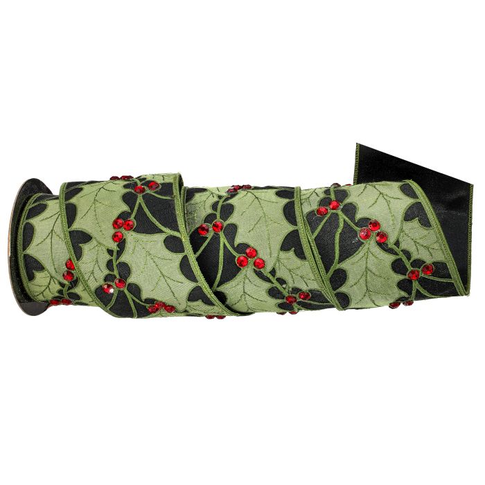 4"X5Y DUPION HOLLY LEAF W/JEWEL BERRY RIBBON