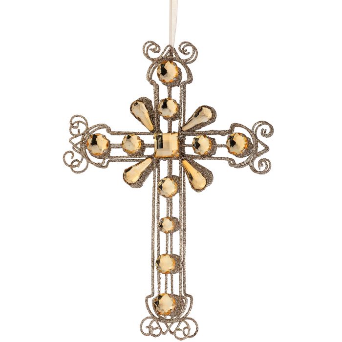 12" GLITTER WIRE JEWELED CROSS ORNAMENT