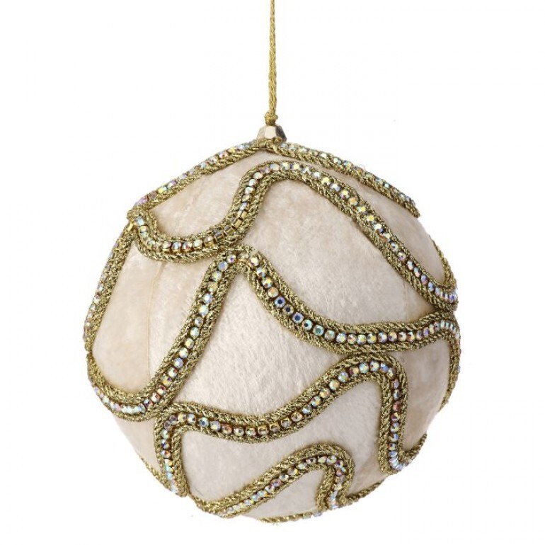 5" VELVET W/JEWEL BALL ORNAMENT - IVORY