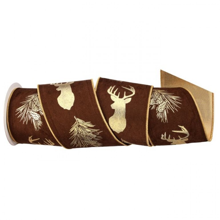4"X5Y FAUX SUEDE DEER/CONE RIBBON - CHOCOLATE
