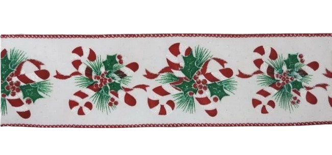 2.5"X10Y CANDY CANE W/HOLLY PRINT RIBBON