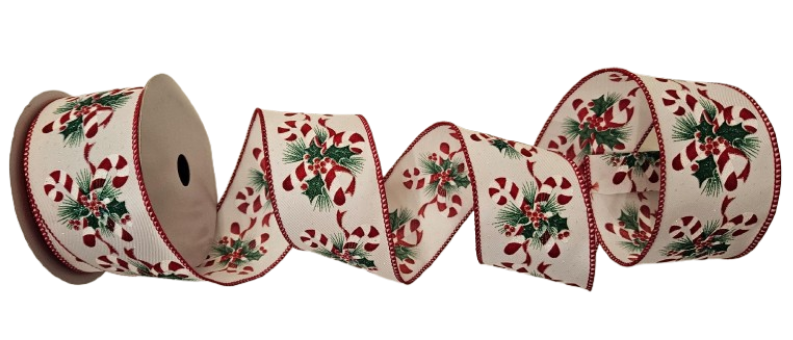 2.5"X10Y CANDY CANE W/HOLLY PRINT RIBBON