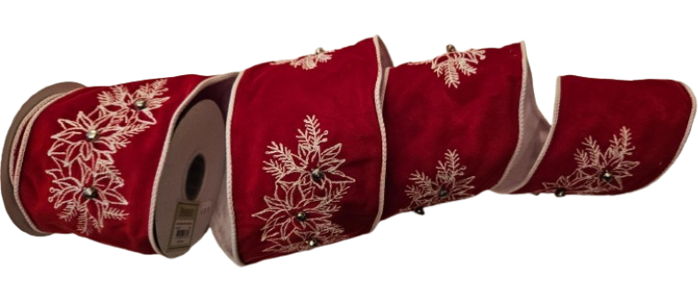 4"X5Y EMBRD POINSETTIA/PINE VELVET RIBBON