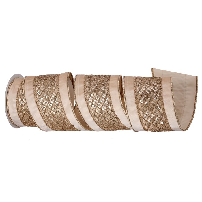 4"X5Y SEQ TRIM/CREME VELVET/TAFFETA  RIBBON