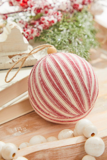 4" TICKING FABRIC BALL ORNAMENT