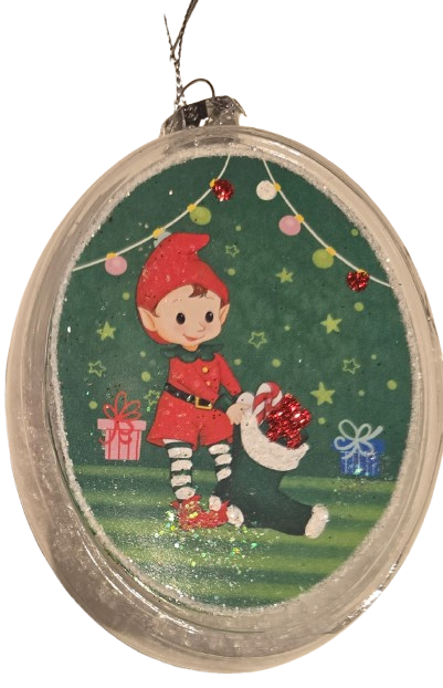 4"GLS OVAL DISC ELF ORN 2/AST