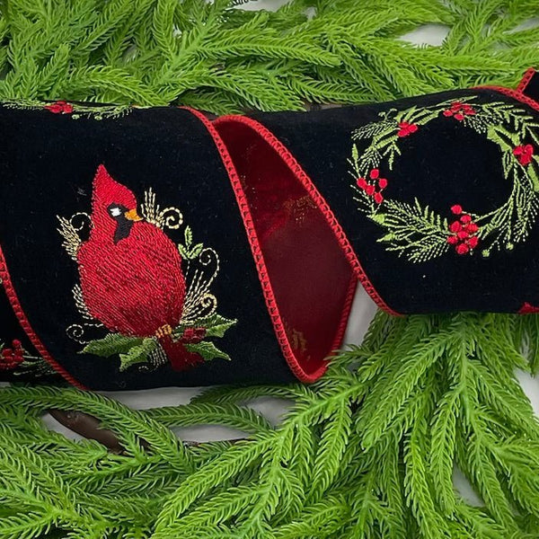 4"X5Y CARDINAL/WREATH EMB VELVET RIBBON