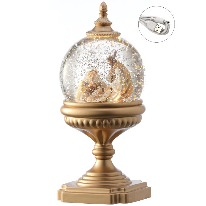 11"LED/BTY/TMR/USB NATIVITY PEDASTAL GLOBE