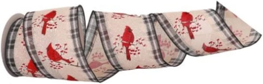 4"X10Y SNOW CARDINAL ON BLACK/WHITE RIBBON