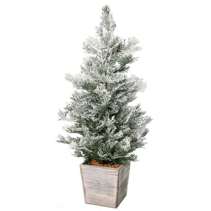 30" FROSTED PE CEDAR TREE IN MDF WOOD PLANTER