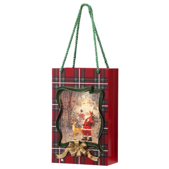 9"LED/BTY/TMR SANTA PLAID BAG WATER GLOBE USB