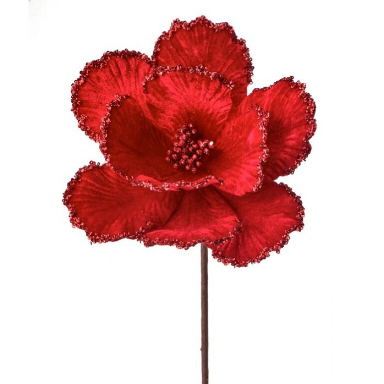 24" VELVET GLITTER BEAD EDGE MAGNOLIA STEM