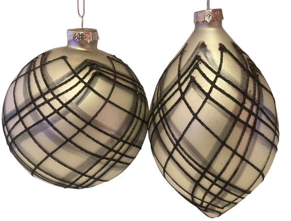 4-5" GLASS PLAID BALL/FINIAL ORNAMENT - BLACK/WHITE - INDIVIDUAL 