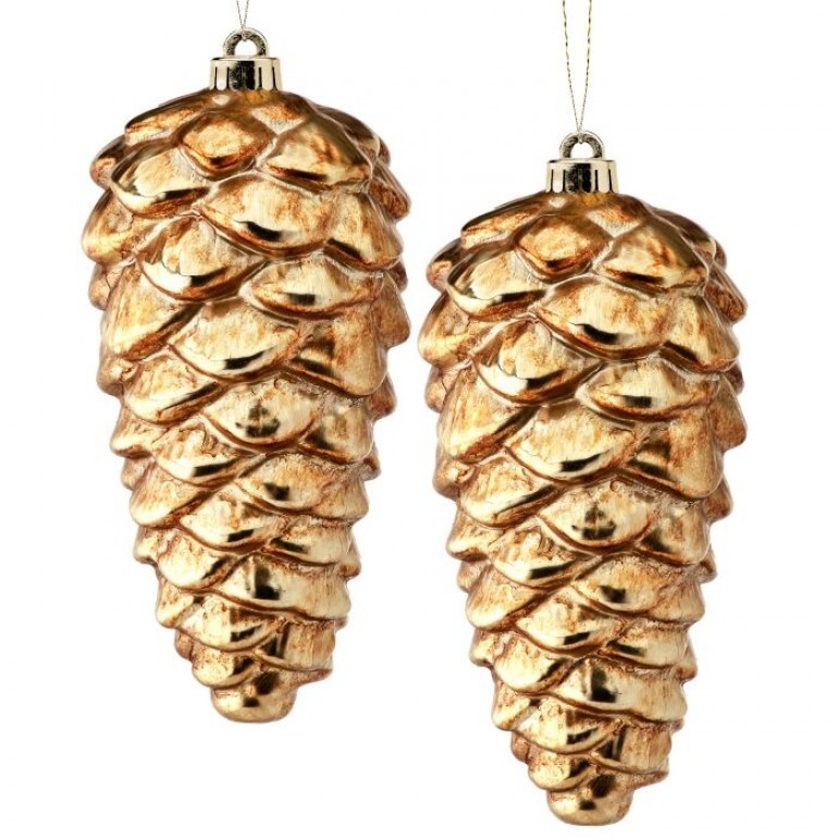 10" VP METALLIC PINE CONE ORNAMENT 2/BX ANTIQUE GOLD