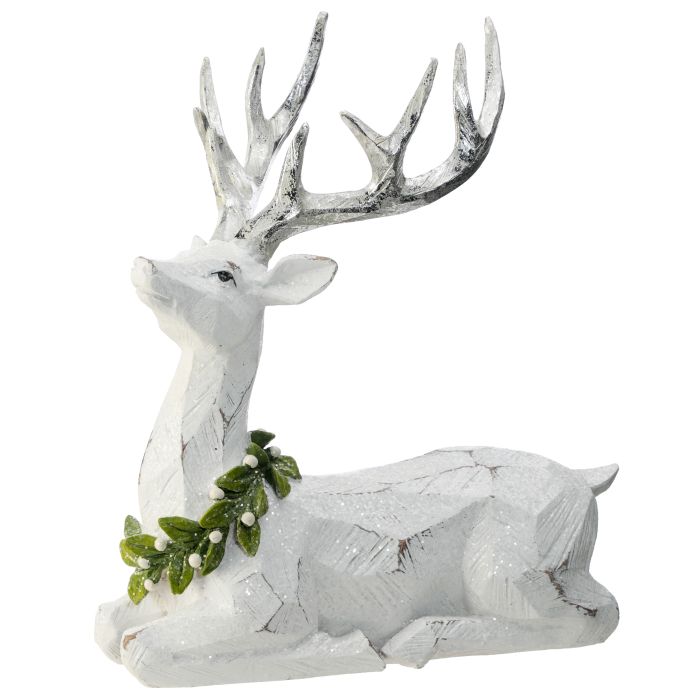 12´´RSN FROSTED LAYING MISTLETOE DEER