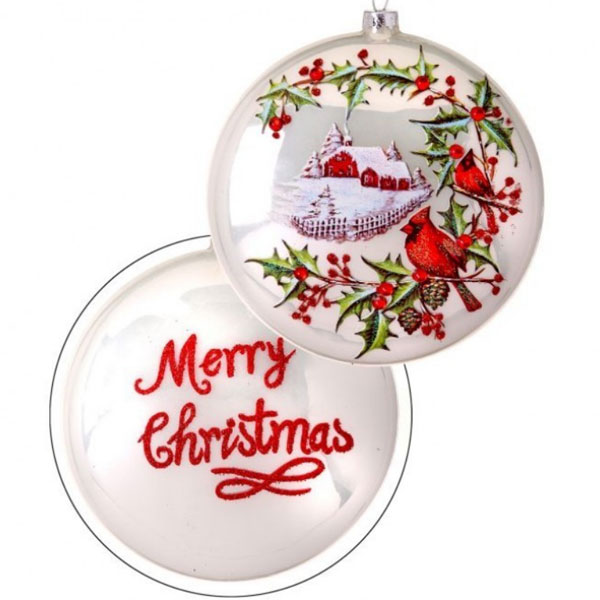 5" GLASS DISC COUNTRY CARDINALS ORNAMENT 