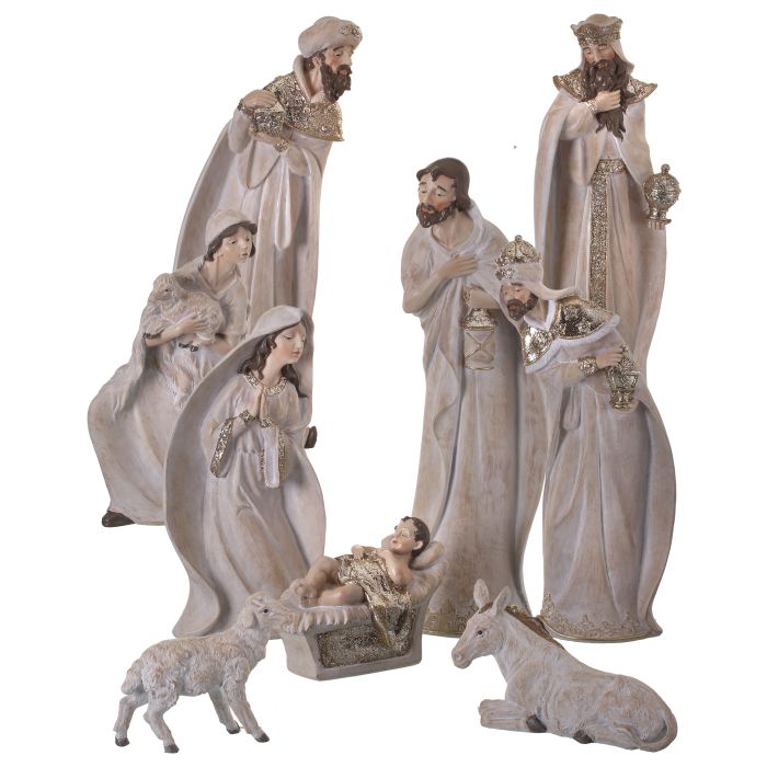 7-18´´WHITEWASH NATIVITY W/GOLD TRIM SET/9´´