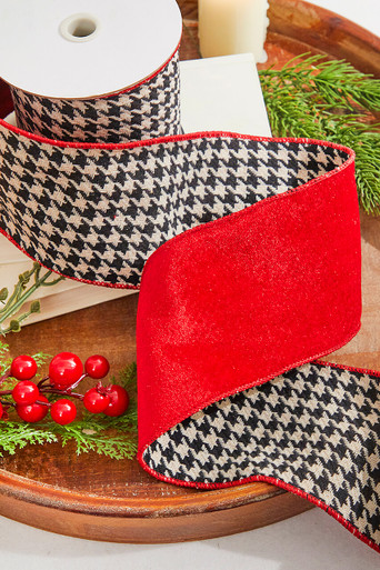 4"X5Y HOUNDS TOOTH/VELVET WIRED RIBBON 
