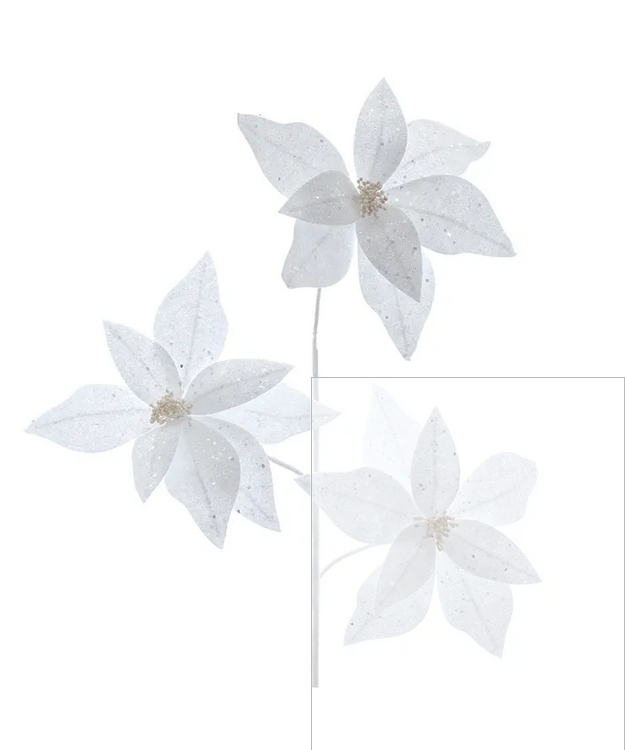 31"WHITE GLITTER POINSETTIA SPRAY X3.