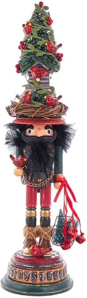 19.5"HOLLY WOOD NUTCRACKER W/CARDINAL IN TREE HAT