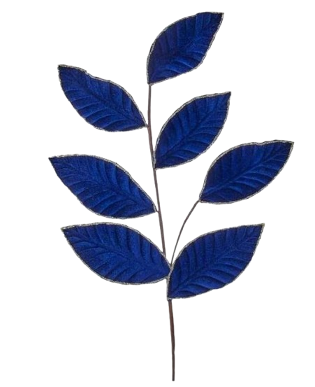 26"BLUE VELVET LEAF SPRAY W/GOLD GLITTER.