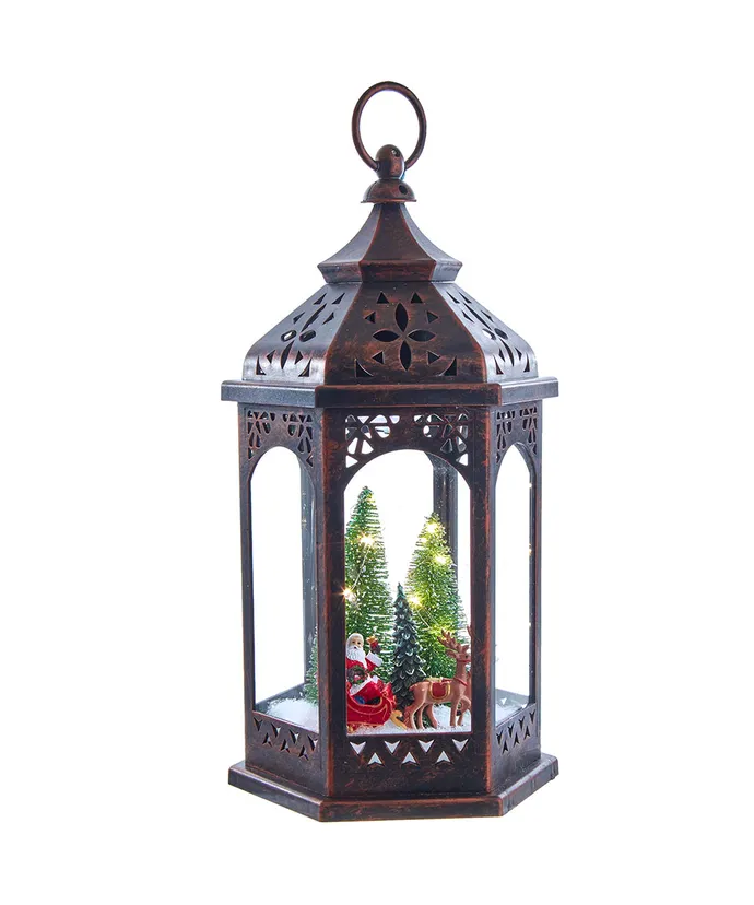 13"BRONZE LANTERN W/LIGHTED TREESANTA DECORATION. 