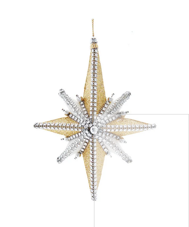 WHITE & GOLD BETHLEHEM STAR HANGING ORN.