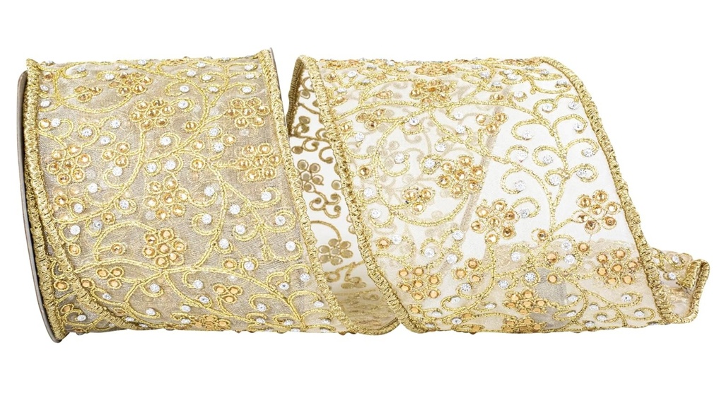RELIANT RIBBON JEWEL EMBROIDERY TISSUE SILK DELUXE WIRED EDGE, GOLD 4"X5Y
