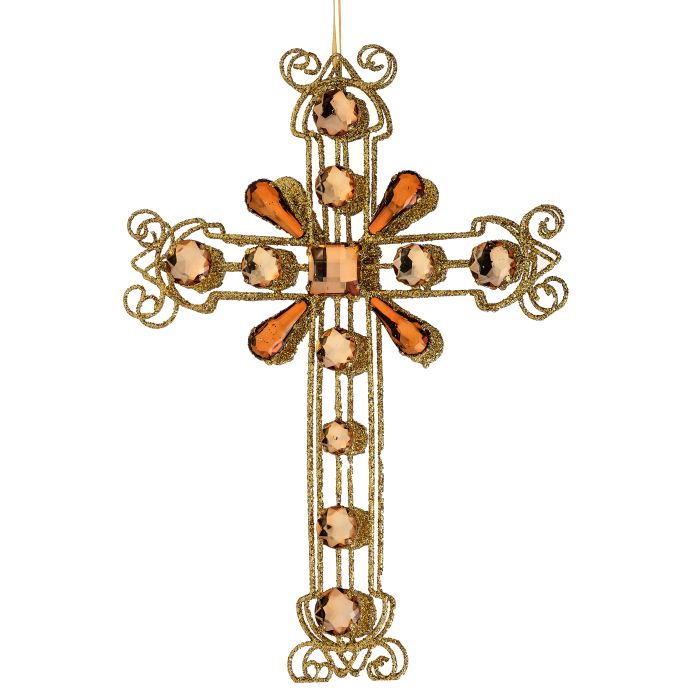 12" GLITTER WIRE JEWELED CROSS ORNAMENT