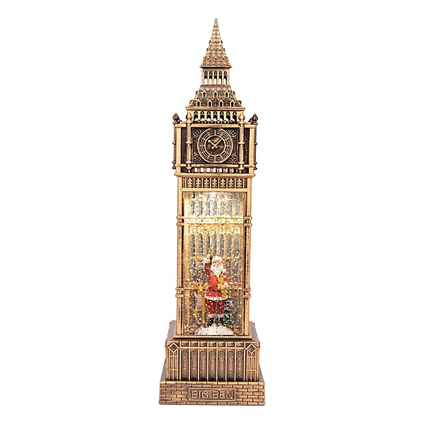 15´´H B/O LIGHTED SPINNING WATER GLOBE CLOCK TOWER HOLIDAY FIGURINE
