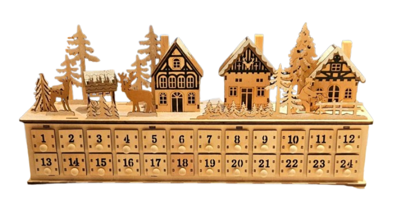 17.7"L B/O LIGHTED LASER CUT WOOD HOLIDAY VILLAGE SCENE ADVENT CALENDAR