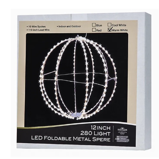 12" 280-LIGHT WARM WHITE LED FOLDABLE SILVER METAL SPHERE
